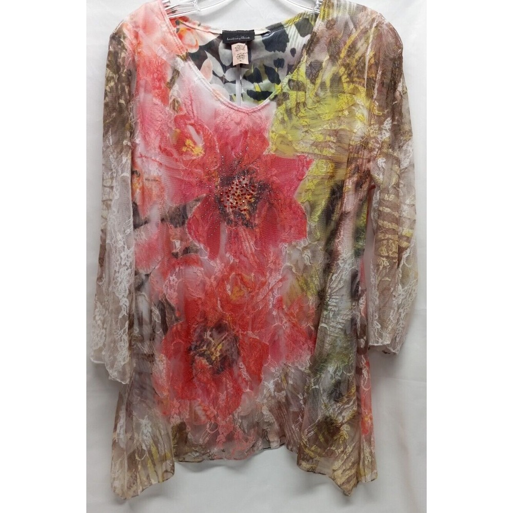 Women's XL brittany black top blouse lacey floral sparkly flowy USA polyester